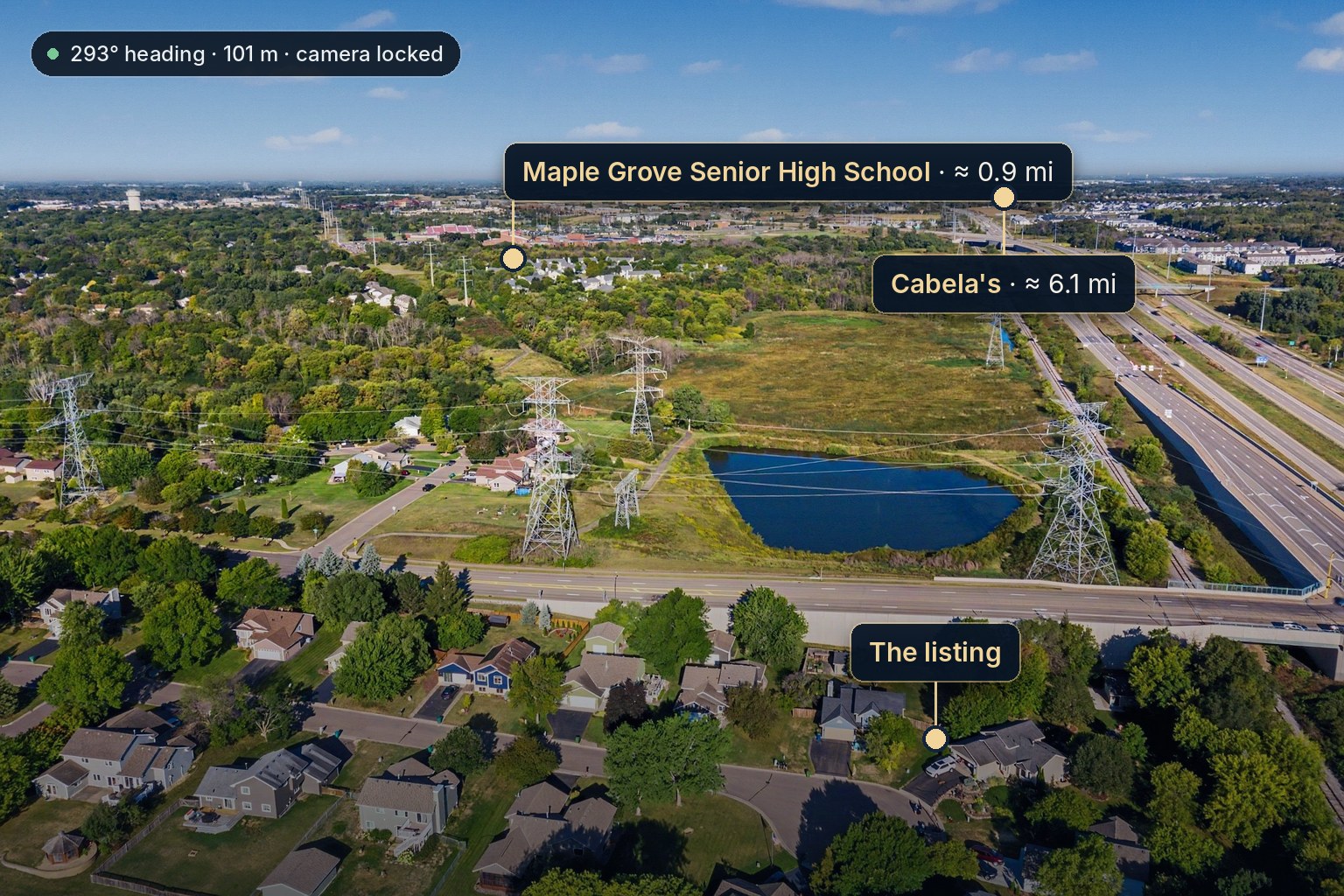 An aerial photograph with a school, a retailer and the listing labeled at their real positions and distances by Lumavo Aerial Studio
