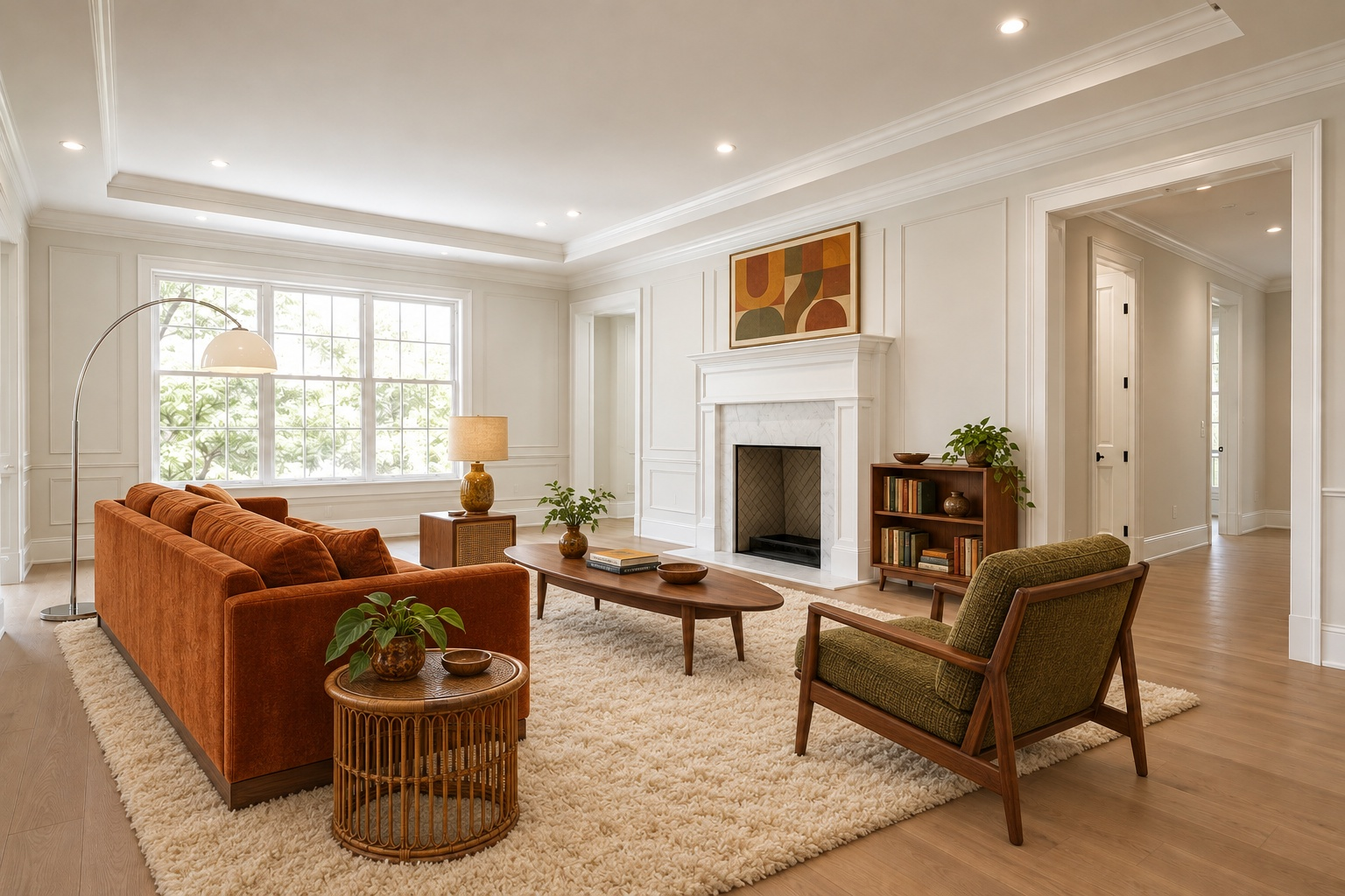 The same living room staged in the Retro 70s style